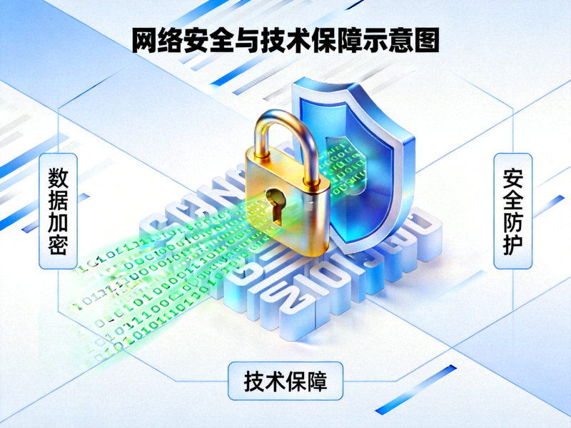 网络安全与技术保障示意图 - 加密锁与盾牌保护数字信息
